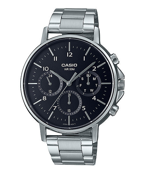 CASIO MTP-E321D-1AVDF BLACK ANALOG DIAL SILVER STAINLESS STEEL BAND MEN'S WATCH A1845
