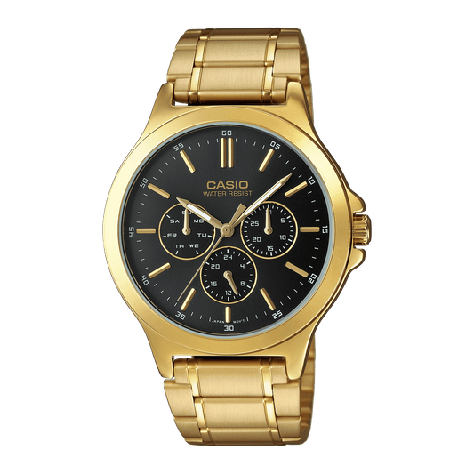 CASIO MTP-V300G-1AUDF GOLD IP WHITE ANALOG DIAL GOLD IP STAINLESS STEEL BAND MEN'S WATCH A2318