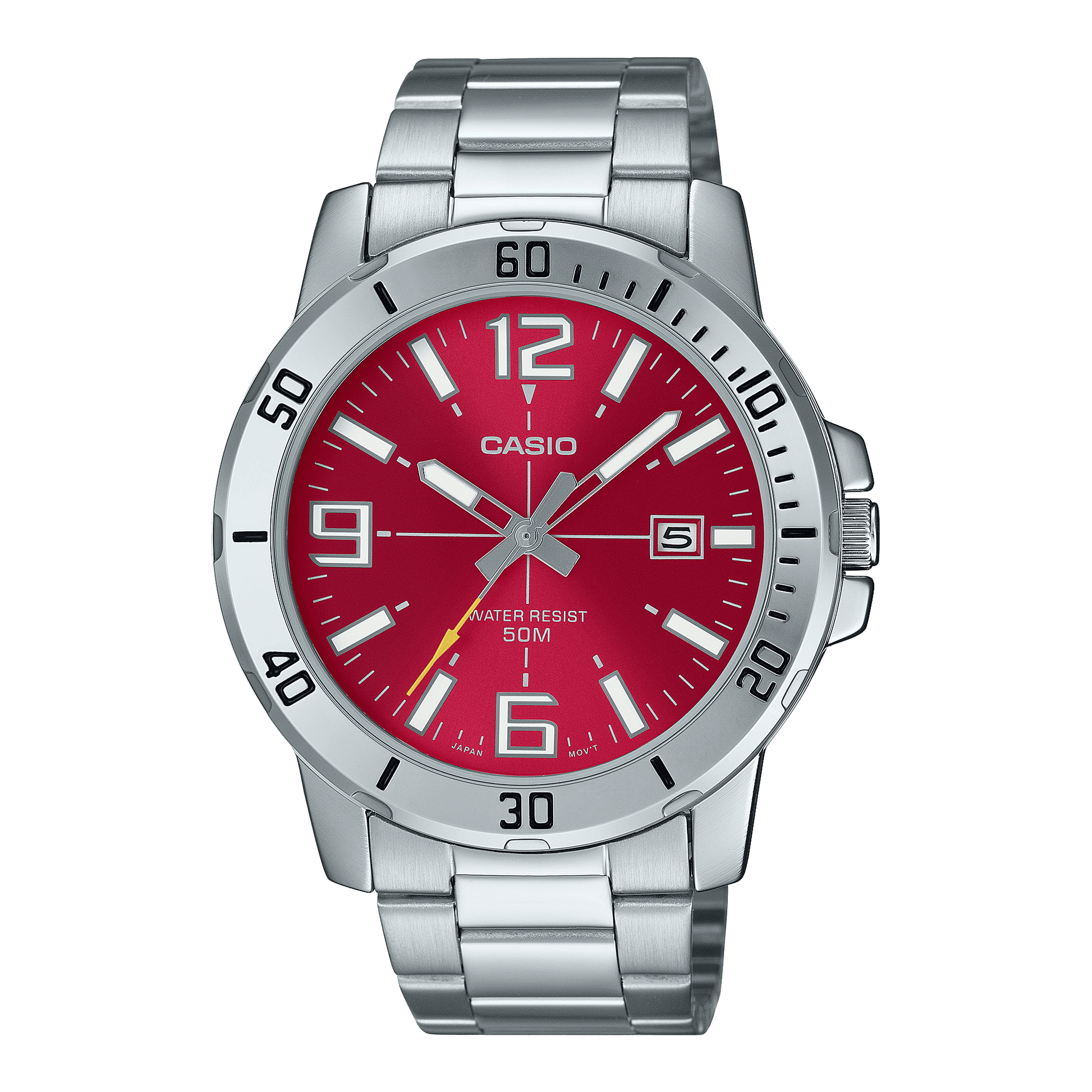 CASIO ENTICER MEN MTP-VD01D-4BVUDF RED ANALOG DIAL SILVER STAINLESS STEEL BAND A2338