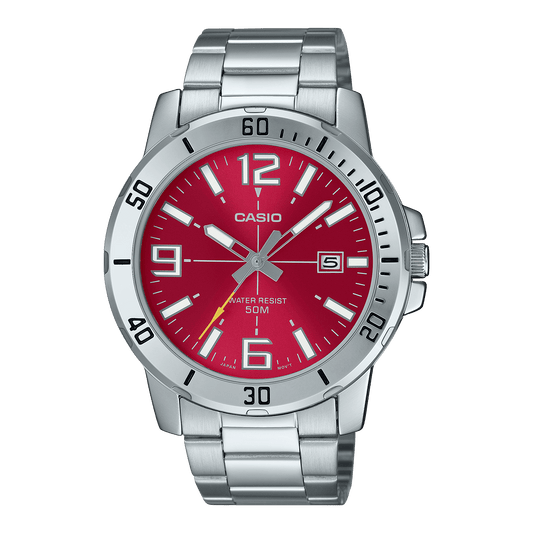 CASIO ENTICER MEN MTP-VD01D-4BVUDF RED ANALOG DIAL SILVER STAINLESS STEEL BAND A2338
