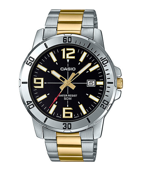 CASIO MTP-VD01SG-1BVUDF BLACK ANALOG DIAL DUAL TONED STAINLESS STEEL BAND MEN'S WATCH A1735