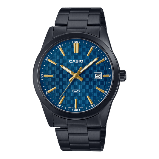 CASIO MTP-VD03B-2AUDF BLACK IP BLUE ANALOG DIAL BLACK IP STAINLESS STEEL BAND MEN'S WATCH A2239