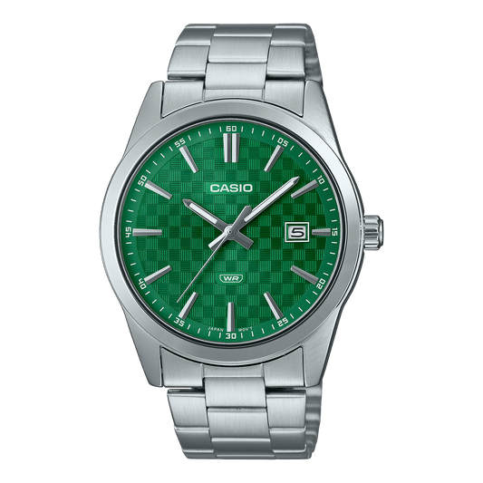 CASIO MTP-VD03D-3A1UDF GREEN ANALOG DIAL SILVER STAINLESS STEEL BAND MEN'S WATCH A2243