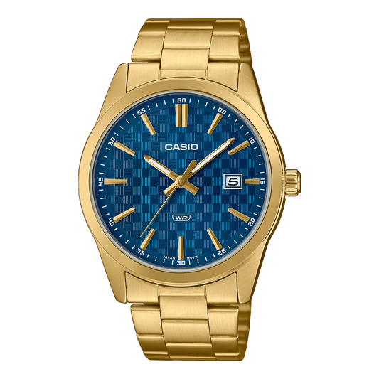 CASIO MTP-VD03G-2AUDF GOLD IP BLUE ANALOG DIAL GOLD IP STAINLESS STEEL BAND MEN'S WATCH A2245
