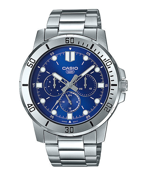 CASIO MTP-VD300D-2EUDF BLUE ANALOG DIAL SILVER STAINLESS STEEL BAND MEN'S WATCH A1749