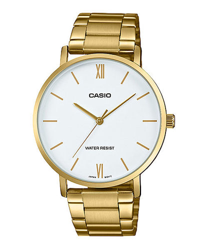 CASIO MTP-VT01G-7BUDF GOLD IP WHITE ANALOG DIAL GOLD IP STAINLESS STEEL BAND MEN'S WATCH A1780