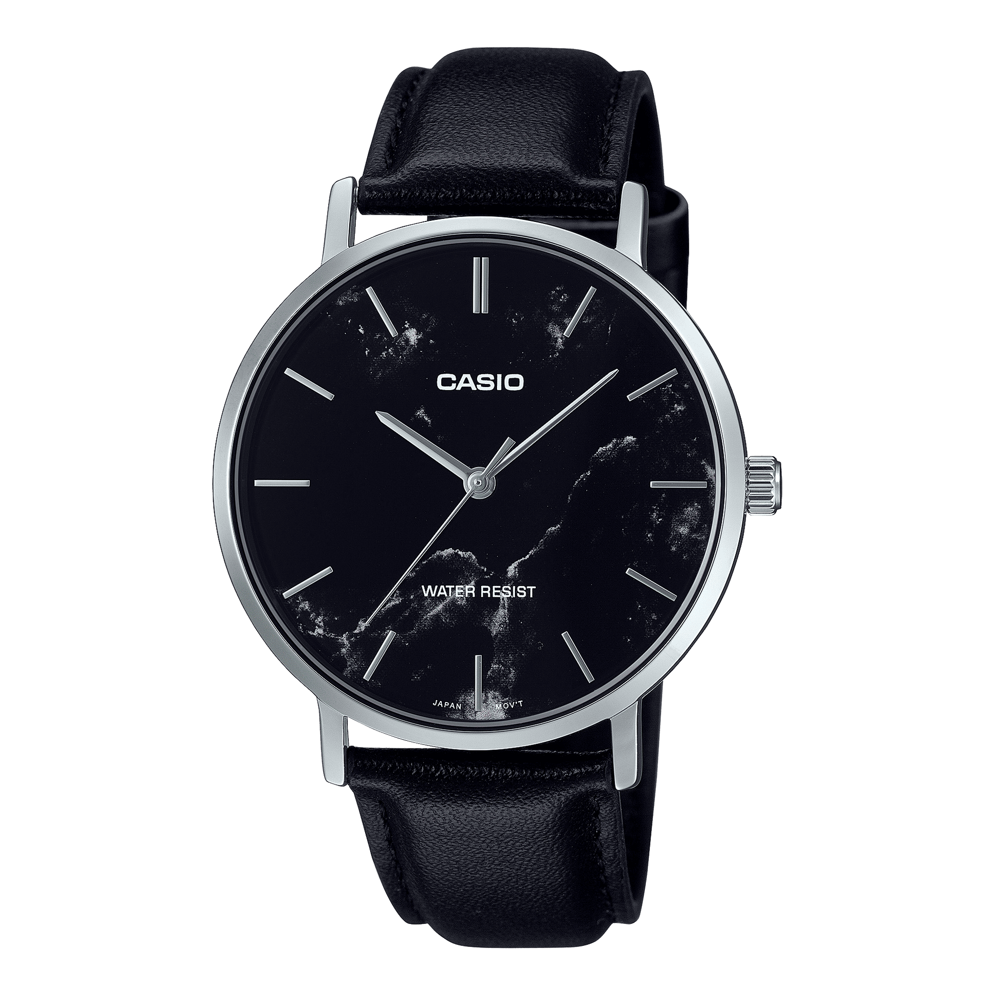 CASIO ENTICER MEN MTP-VT01LM-1AUDF BLACK ANALOG DIAL SILVER LEATHER BAND A2351