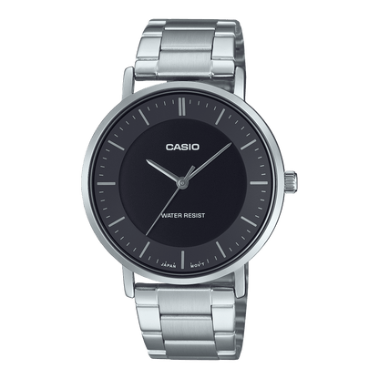 CASIO ENTICER MEN MTP-VT04D-1EDF BLACK ANALOG DIAL SILVER STAINLESS STEEL BAND A2411