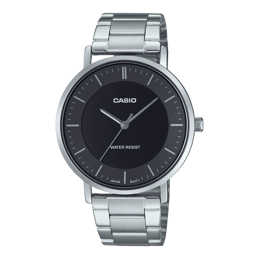 CASIO ENTICER MEN MTP-VT04D-1EDF BLACK ANALOG DIAL SILVER STAINLESS STEEL BAND A2411