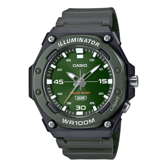 CASIO  MW-620H-3AVDF GREEN ANALOG DIAL BLACK RESIN STRAP  100M WATER RESISTANT D357